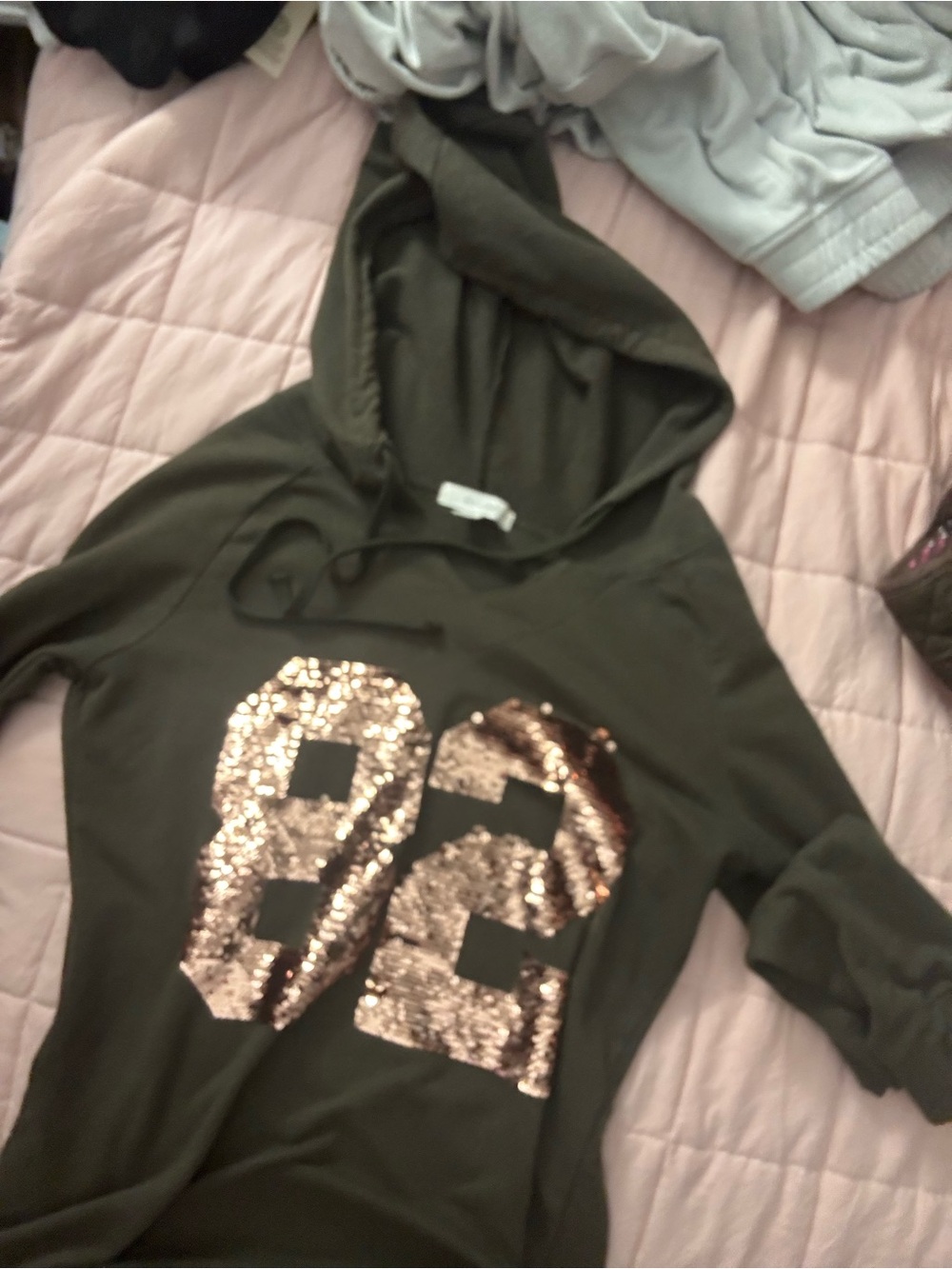 Olive Green Hoodie/Rose Gold Sequin '82'
size SMALL & I got Fat. Never worn